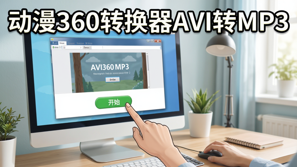 动漫360转换器AVI转MP3使用教程示意图,画面展示电脑屏幕上软件操作步骤,标注