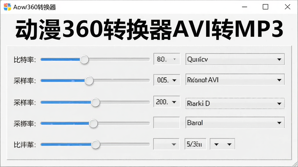 动漫360转换器AVI转MP3参数设置界面,画面展示比特率、采样率、声道等音频参数调节滑块和下拉菜单,软件名称