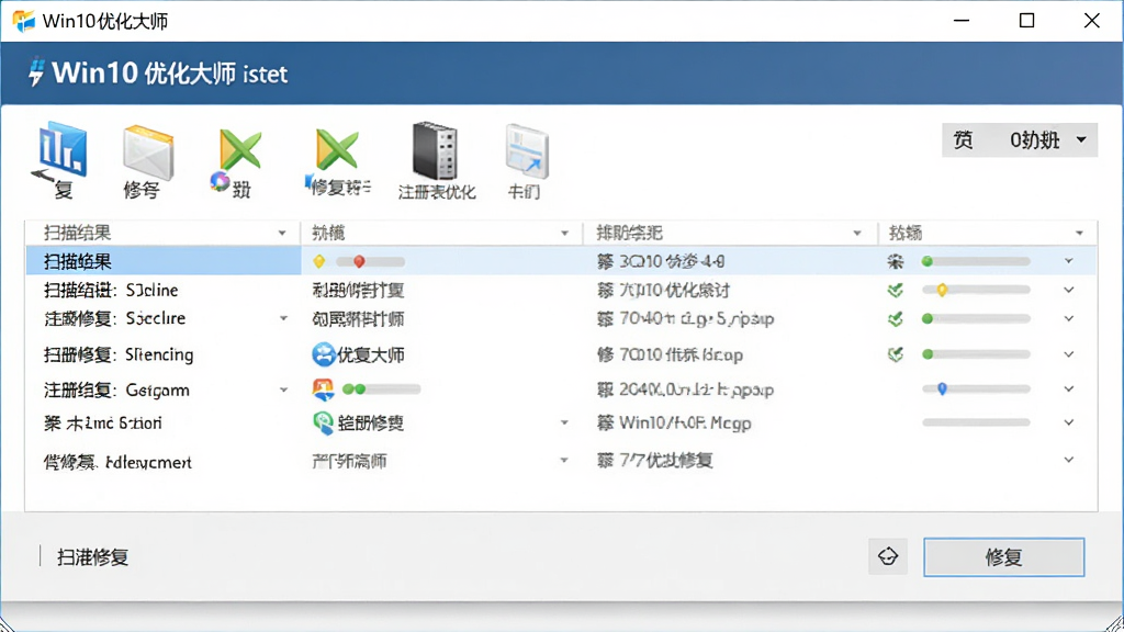 一张展示Win10优化大师注册表修复功能的图片,主体是电脑屏幕中的软件界面,屏幕中显示Win10优化大师的注册表修复页面,界面有扫描结果列表和修复按钮,布局为上下结构,排版清晰,风格为专业商务风,细节包括界面图标和进度提示,画质清晰,干净,无多余元素