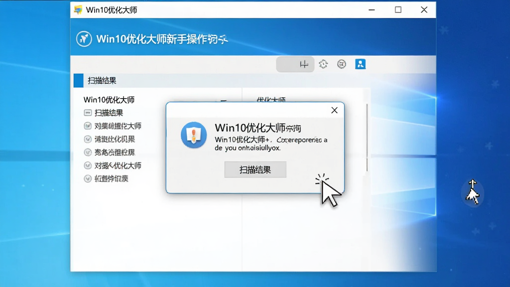 一张展示Win10优化大师新手操作提示的图片,主体是电脑屏幕中的软件界面,屏幕中显示Win10优化大师的扫描结果页面和操作提示弹窗,布局为居中,排版简洁,风格为友好亲切,细节包括鼠标指针和提示图标,画质清晰,干净,无多余元素