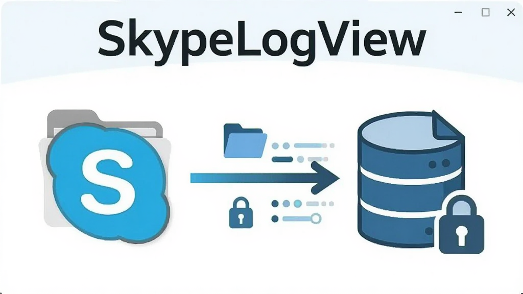 一张展示SkypeLogView读取本地数据库功能的示意图,主体是软件图标与数据库文件图标之间的连接箭头,布局为左右对称结构,排版简洁明了,风格为扁平化科技插画风格,细节包括文件夹图标、锁形图标、数据流动线条,画质清晰干净无多余元素,图片中标注文字“SkypeLogView”