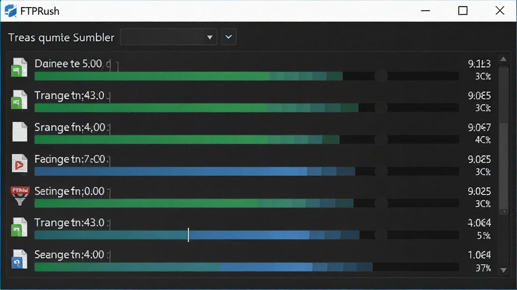 一张展示FTPRush多线程传输进度的图片,画面中有一个传输队列窗口,显示多个文件同时传输,每个文件有独立的进度条和速度显示,窗口上方有线程数量设置选项,整体风格为深色主题的软件界面,数据条用绿色和蓝色区分,画质清晰,文字标注