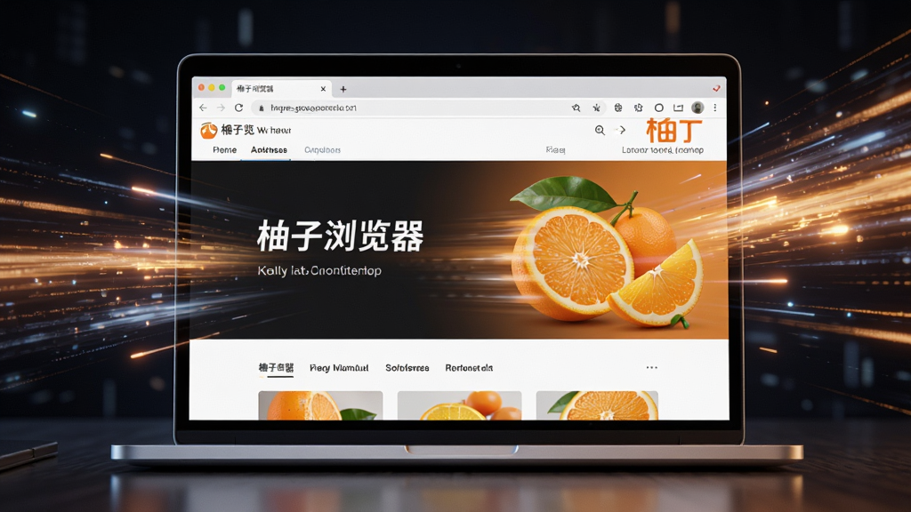 一张表现柚子浏览器运行速度的AI生图,画面主体是一台笔记本电脑屏幕,屏幕上显示柚子浏览器正在飞速加载网页,周围用抽象的光线拖尾表现速度感,布局为居中构图,风格科技感十足,细节上屏幕内可见“柚子浏览器”字样,画质清晰,干净,无多余元素