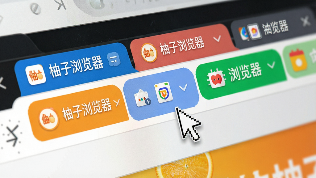 一张展示柚子浏览器多标签管理的AI生图,画面主体是浏览器顶部标签栏,多个彩色标签整齐排列,其中一个标签被鼠标指针拖动,布局为特写构图,风格写实,细节上标签上可见不同网站图标和“柚子浏览器”文字,画质清晰,干净,无多余元素