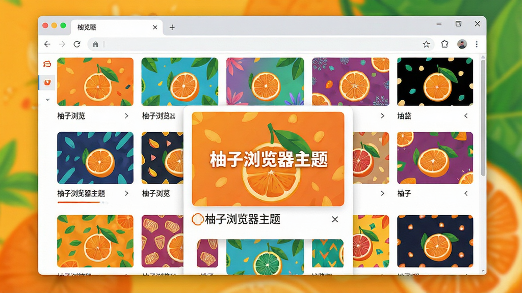 一张展示柚子浏览器主题更换界面的AI生图,画面主体是浏览器窗口内显示主题选择面板,面板中有多种颜色和图案的缩略图,布局为窗口居中,风格活泼明快,细节上其中一张缩略图标注“柚子浏览器主题”,画质清晰,干净,无多余元素
