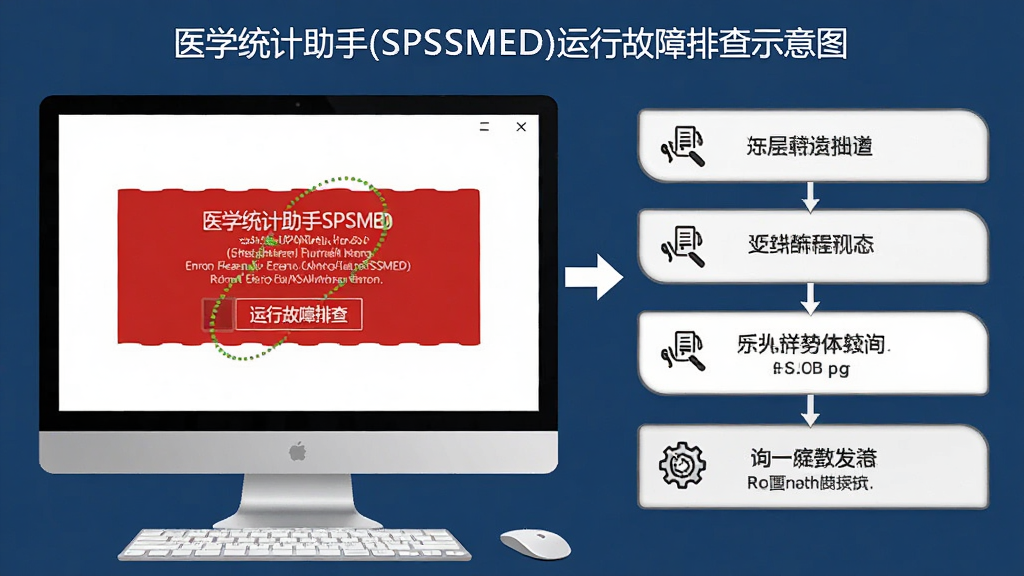 医学统计助手(SPSSMED)运行故障排查示意图,画面展示电脑屏幕上的错误提示与解决步骤,风格简洁,画质清晰,无多余元素