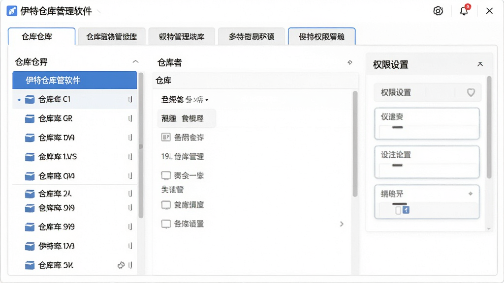 伊特仓库管理软件多仓库管理界面,画面展示多个仓库标签页切换与权限设置面板,界面采用分栏布局,左侧为仓库列表,右侧为权限配置选项,风格简洁专业,细节清晰,画质干净,无多余元素