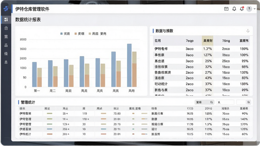 伊特仓库管理软件数据统计报表界面,画面展示柱状图与数据表格组合的报表页面,图表颜色柔和,数据清晰可读,界面布局合理,风格商务简约,细节到位,画质干净,无多余元素