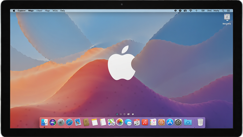 一张展示Mac苹果机界面仿真器在Windows电脑上运行的截图,画面中央是仿macOS风格的桌面,顶部有菜单栏,底部有Dock栏图标排列整齐,背景是简约的苹果风格壁纸,整体布局清晰,风格现代科技感,细节丰富,画质高清,干净,无多余元素