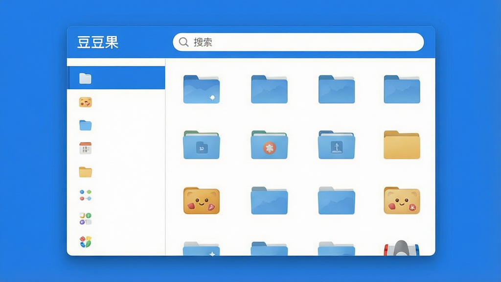 一张展示豆豆果软件主界面的图片,画面中央是整洁的桌面整理面板,左侧为分类图标栏,右侧为文件网格展示区,顶部有搜索框,整体风格简洁清爽,配色以蓝白为主,界面中文字清晰显示“豆豆果”名称,布局整齐,风格现代简约,细节精致,画质高清,干净无多余元素