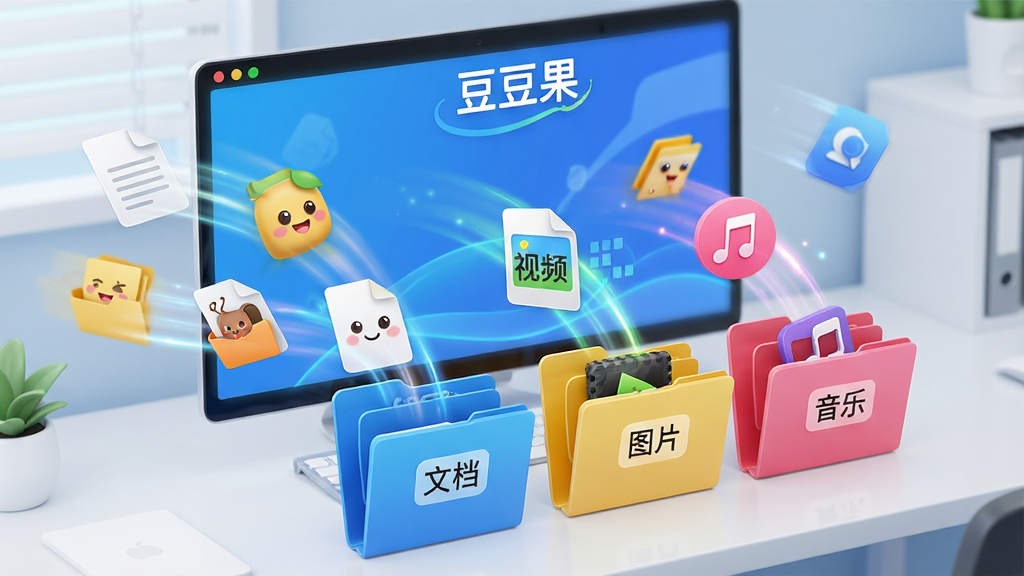 一幅展示豆豆果智能分类功能的示意图,画面中桌面上的各种文件图标自动飞入不同的分类文件夹中,文件夹分别标注文档、图片、视频、音乐等标签,软件名称“豆豆果”显示在界面顶部,整体布局动态感强,风格科技清新,细节丰富,画质高清,干净无多余元素