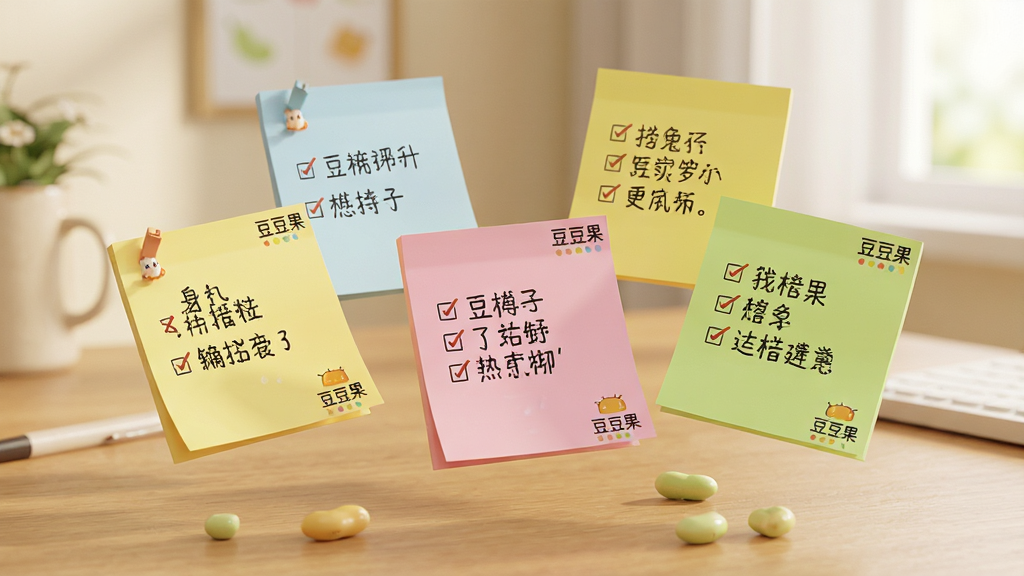 一张豆豆果桌面便签功能的展示图,画面中桌面上漂浮着几张彩色便签纸,便签上写有中文待办事项内容,软件名称“豆豆果”出现在便签角落,整体布局错落有致,风格温馨实用,细节清晰,画质高清,干净无多余元素