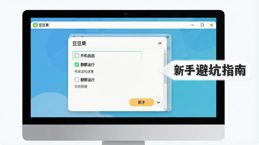 一张展示豆豆果新手操作界面的示意图,画面中电脑屏幕上显示豆豆果的设置面板,包含开机自启、静默运行等选项,旁边有中文标注“新手避坑指南”,软件名称“豆豆果”出现在界面标题栏,整体布局清晰,风格简洁实用,细节准确,画质高清,干净无多余元素