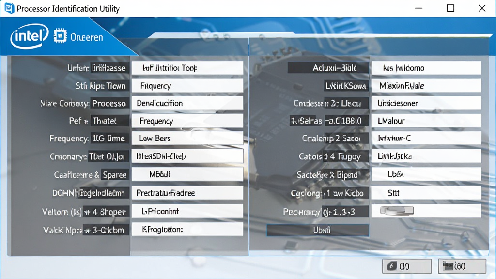 ����������չʾ������ΪIntelӢ�ض�Processor Identification Utility���ߴ��ڣ���������Ϊ��������ϸ��Ϣ�б��������ͺš�Ƶ�ʡ���������ݣ��Ű��������������Ϊרҵ�Ƽ��У�ϸ�ڰ���Intel��ɫLogo��Ӳ��ͼ�꣬���ʸ��壬�ɾ����޶���Ԫ��