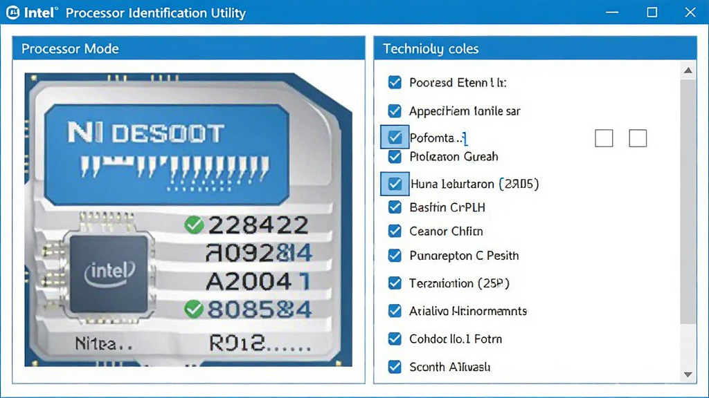 AI��ͼ������ΪIntelӢ�ض�Processor Identification Utility���߹��ܽ��棬�������Ϊ�������ͺű�ʶ���Ҳ�Ϊ�������Թ�ѡ�б����Ű�������½ṹ�����Ϊ��ƽ���Ƽ�����ϸ�ڰ����Թ�ͼ��Ͳ�����ǩ�����ʳ��壬�ɾ����޶���Ԫ��