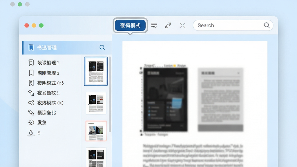 光速PDF阅读器功能展示图,画面中央为软件界面,左侧显示书签管理面板,右侧为PDF文档内容区域,顶部工具栏高亮显示夜间模式切换按钮和搜索框,界面配色为浅蓝与白色搭配,风格清新简洁,布局采用左右分栏结构,排版整齐,细节包括书签图标、搜索放大镜图标、页面缩略图,画质高清,干净无多余元素