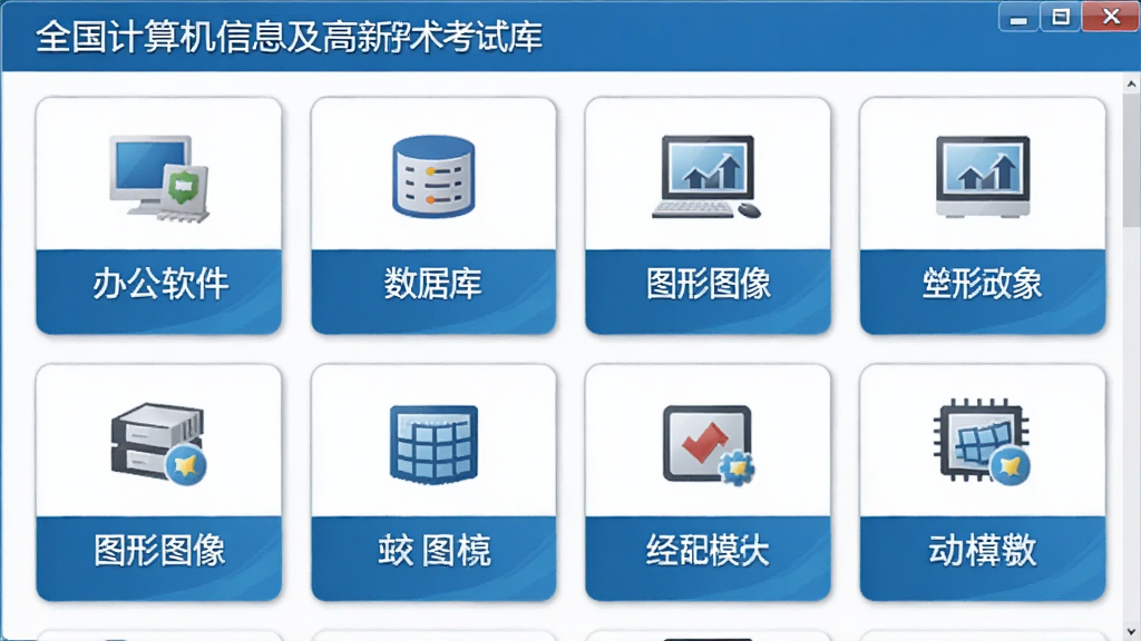 全国计算机信息及高新技术考试 题库模块选择界面,画面展示多个考试模块卡片整齐排列,每个卡片上有对应的图标和模块名称,如办公软件、数据库、图形图像等,界面风格简洁专业,色调以蓝色和白色为主,画质清晰,干净无多余元素