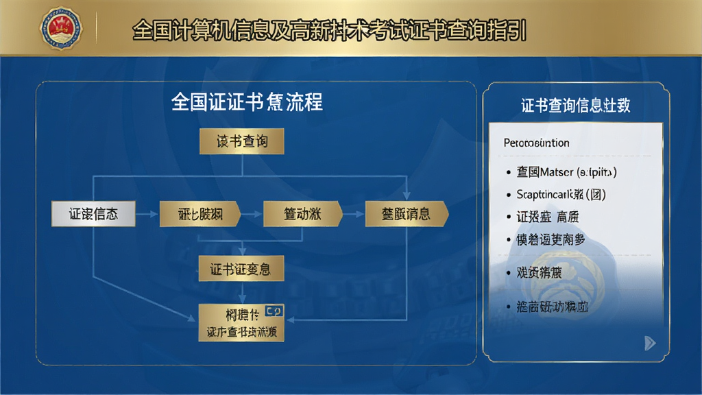 全国计算机信息及高新技术考试 证书查询指引界面,画面显示证书查询流程图和相关信息面板,界面风格正式专业,色调以蓝色和金色为主,画质清晰,干净无多余元素