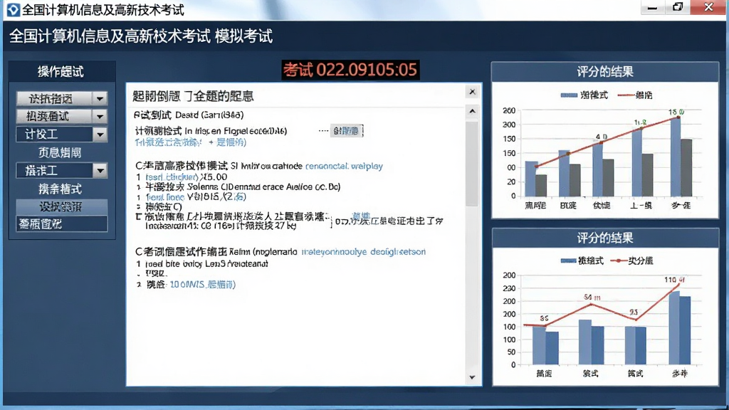 全国计算机信息及高新技术考试 模拟考试界面,画面显示考试倒计时、题目区域、操作面板和评分结果图表,界面布局专业严谨,风格类似正式考试系统,色调沉稳,画质清晰,干净无多余元素