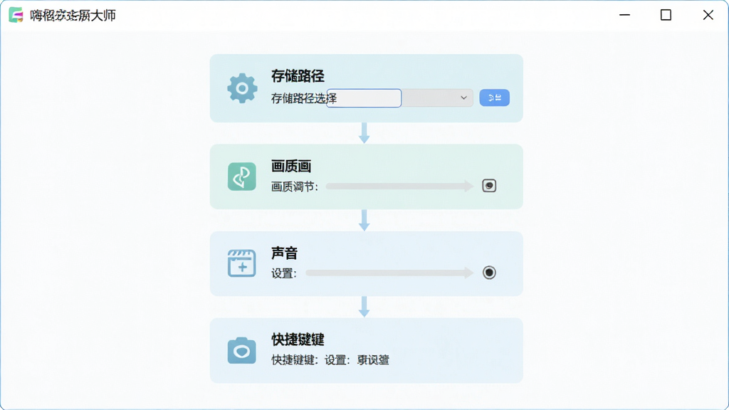 一张展示嗨格式录屏大师新手设置引导界面的图片,主体为软件设置向导窗口,布局从上到下依次为存储路径选择、画质调节、声音设置、快捷键设置四个步骤,排版为纵向流程式,风格为清新浅色系,细节上每个步骤配有图标和文字说明,背景为白色,画质高清,干净整洁无多余元素