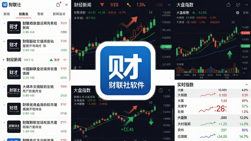 一张展示财联社软件主界面的图片,画面中央是财联社的蓝色Logo,周围环绕着股票走势图、财经新闻标题和实时数据面板。布局采用左右分栏,左侧为新闻列表,右侧为大盘指数。排版清晰,风格现代商务,细节包括K线图、涨跌箭头、数字跳动效果。画质高清,干净整洁,无多余元素,整体呈现专业财经资讯平台的视觉氛围。