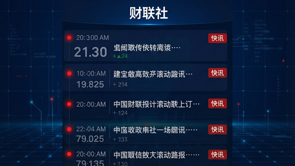 一张财联社7×24小时滚动播报功能的界面截图风格图片,画面主体是一个动态信息流列表,每条新闻带有时间戳和红色“快讯”标签,背景是深蓝色科技感网格。布局为垂直滚动列表,顶部有“财联社”文字标识。风格简洁高效,细节包括闪烁的红色圆点、新闻标题、时间数字。画质清晰,干净无杂乱元素,突出实时资讯的紧迫感。