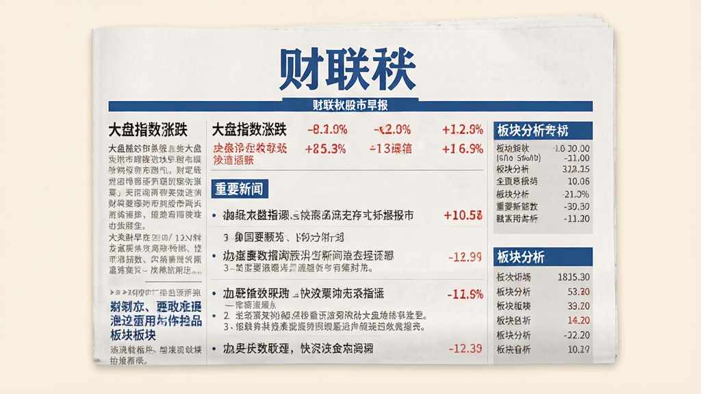 一张财联社股市早报页面的示意图,画面中央是一份排版整齐的早报摘要,包含“财联社”标题、大盘指数涨跌、重要新闻条目和板块分析。布局为报纸风格的多栏排版,背景是柔和的米白色。风格专业稳重,细节包括红色涨跌数字、蓝色标题、灰色正文。画质高清,干净利落,无多余装饰,体现财经媒体的严谨感。
