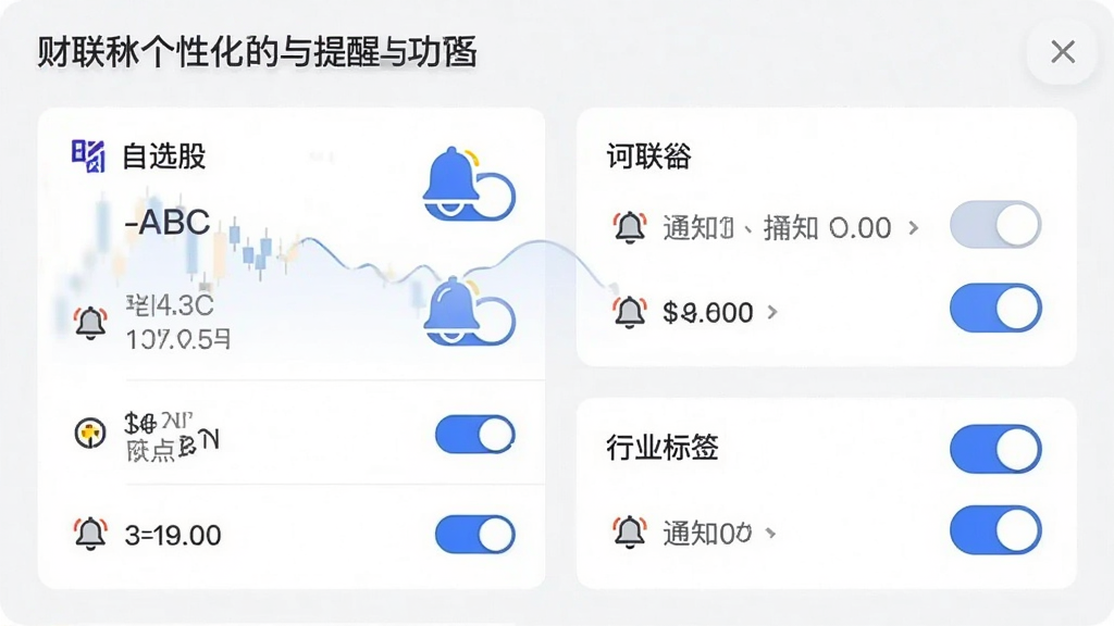 一张财联社个性化订阅与提醒功能的界面示意图,画面展示一个设置面板,包含自选股列表、行业标签和通知开关。布局为卡片式设计,每个卡片带有图标和文字说明。风格现代简洁,细节包括蓝色切换按钮、股票代码、铃铛图标。画质清晰,干净无冗余,体现用户自定义的便捷性。