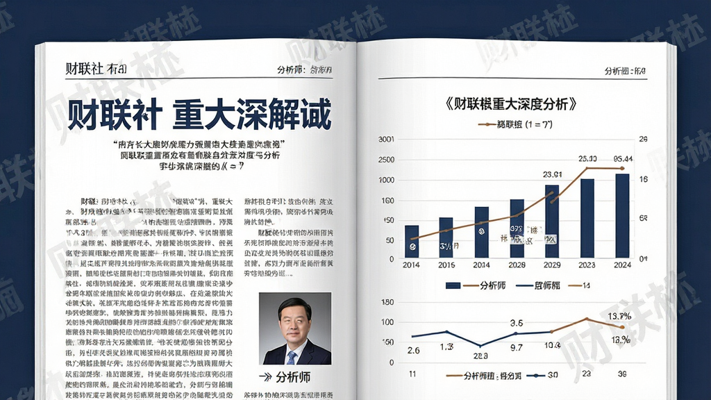 一张财联社重大新闻深度解读栏目的配图,画面主体是一篇分析文章的排版效果,标题醒目,配有图表和数据引用。布局为杂志式跨页设计,左侧是文字,右侧是柱状图与折线图。风格沉稳专业,细节包括“财联社”水印、引用标记、分析师头像。画质精细,干净整洁,无多余元素,突出深度分析的专业性。