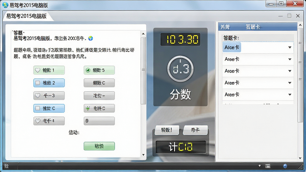 一张电脑桌面上运行着“易驾考2015电脑版”软件的界面截图,主体是软件答题窗口,布局为左侧题目区右侧答题卡,排版清晰整洁,风格为写实软件截图风格,细节包括题目文字、选项按钮、计时器、分数显示,画质高清,画面干净,无多余元素