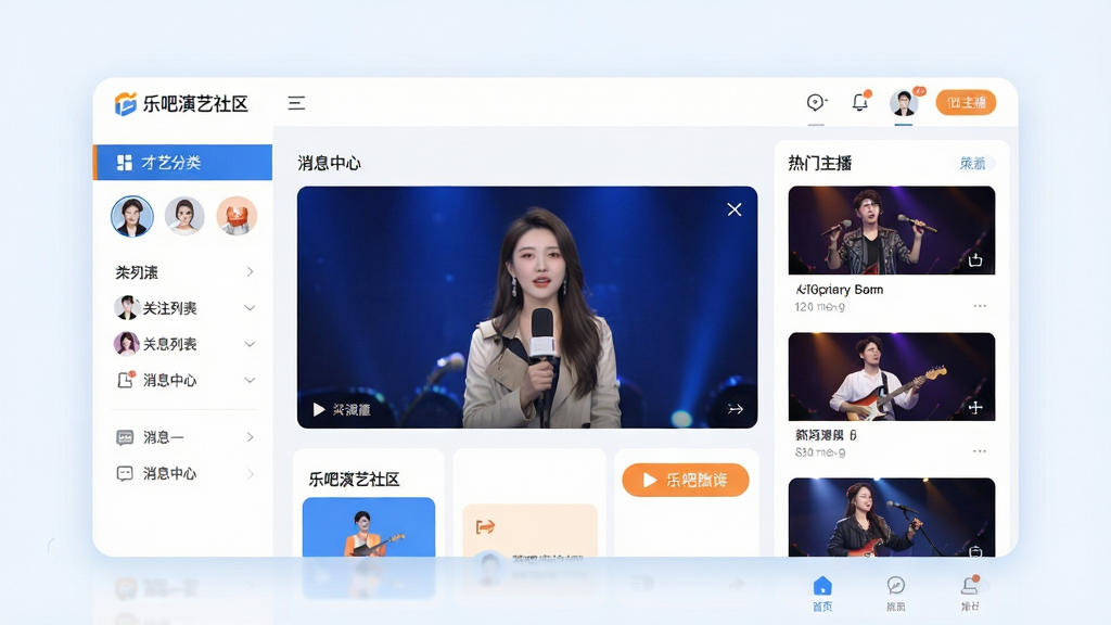 乐吧演艺社区软件主界面全景展示,画面中央是简洁明亮的直播大厅,左侧导航栏清晰排列着才艺分类、关注列表、消息中心等模块,右侧展示热门主播的才艺表演缩略图,整体布局采用现代化卡片式设计,风格清新明快,色调以蓝白为主搭配暖橙色点缀,界面中可见“乐吧演艺社区”文字标识,画质高清,画面干净整洁,无多余杂乱元素