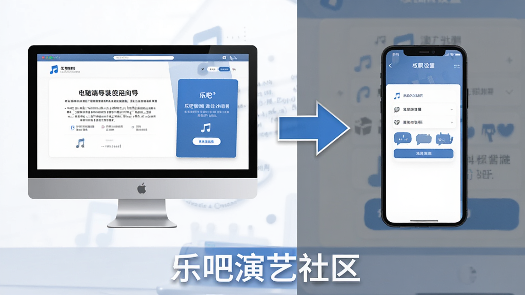 乐吧演艺社区使用教程示意图,画面分为左右两部分,左侧展示电脑端安装向导界面,右侧展示移动端权限设置页面,中间用箭头连接,底部有“乐吧演艺社区”文字标注,风格简洁直观,色调以蓝灰为主,画质清晰,画面干净,无多余装饰