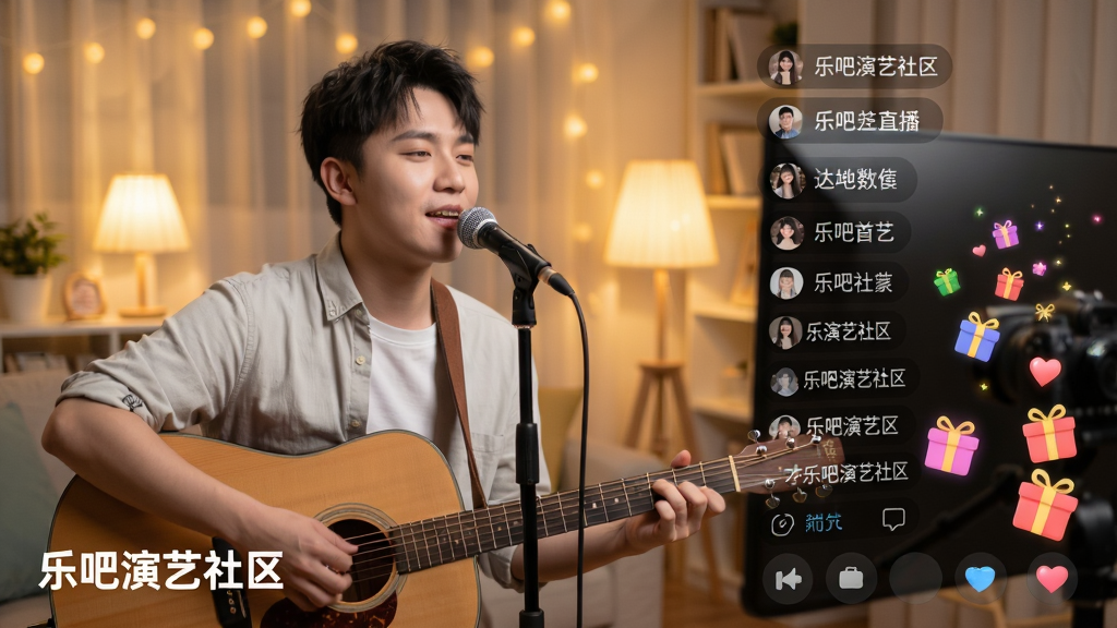 乐吧演艺社区才艺直播互动场景,画面中一位主播正在镜头前弹奏吉他唱歌,屏幕右侧滚动着观众弹幕和虚拟礼物特效,左下角显示“乐吧演艺社区”Logo,背景是温馨的室内直播环境,风格写实明亮,色调温暖,画质清晰,画面干净,无多余元素