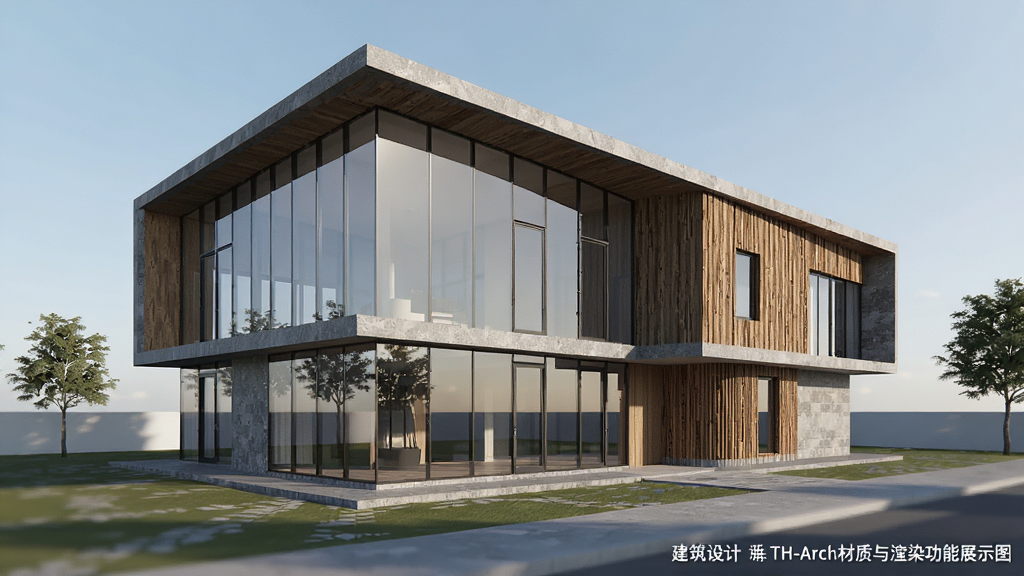 建筑设计TH-Arch材质与渲染功能展示图,画面中显示一栋现代风格建筑的三维渲染效果图,建筑表面有玻璃幕墙和木质装饰,周围有简单的环境配景,风格为写实渲染,细节包括材质纹理和光影效果,画质高清,画面干净,无多余元素