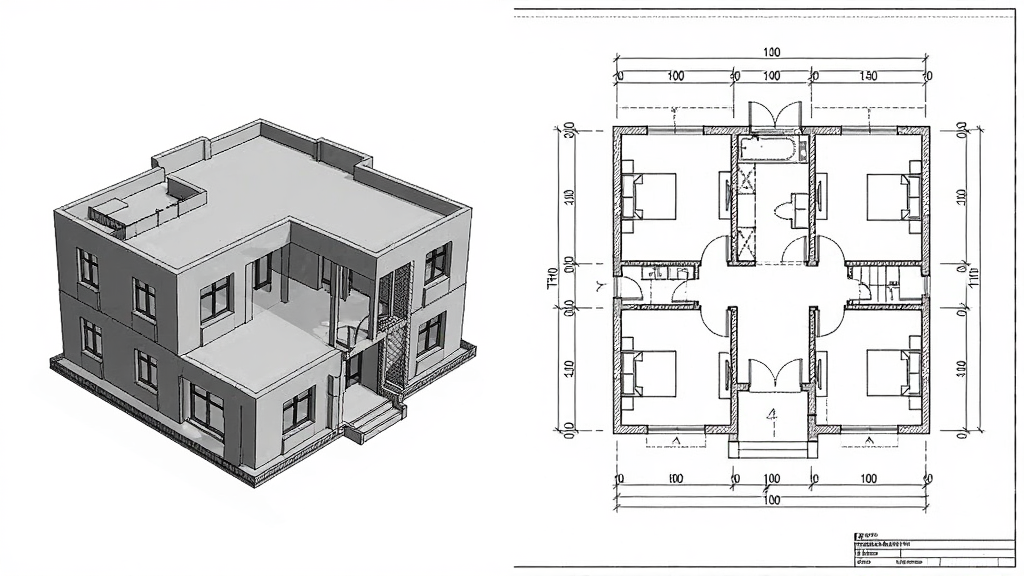 建筑设计TH-Arch智能施工图生成功能示意图,画面左侧为三维建筑模型,右侧为自动生成的平面施工图纸,图纸上有清晰的尺寸标注和轴线编号,风格为技术图解,细节包括图纸上的门窗符号和墙体填充,画质高清,画面干净,无多余元素