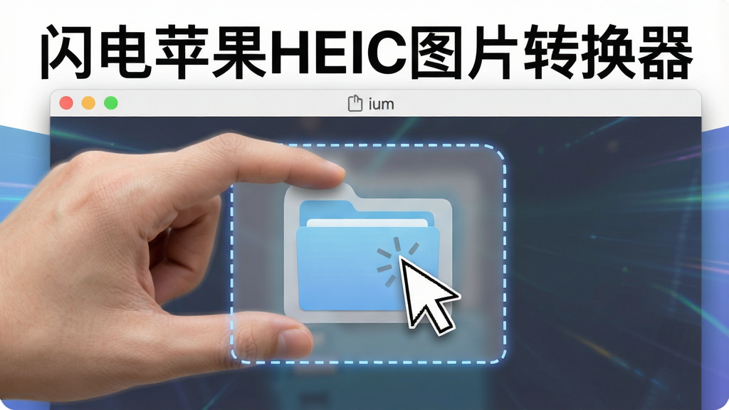 一张展示闪电苹果HEIC图片转换器拖拽操作方式的图片,主体为一只手将文件夹拖入软件窗口的瞬间,布局为软件窗口占据画面大部分区域鼠标指针位于窗口中央,排版动态感强,风格为现代UI交互展示风格,细节包括“闪电苹果HEIC图片转换器”标题醒目、窗口边缘有虚线高亮提示拖拽区域、文件夹图标半透明跟随鼠标,画质清晰干净无多余元素
