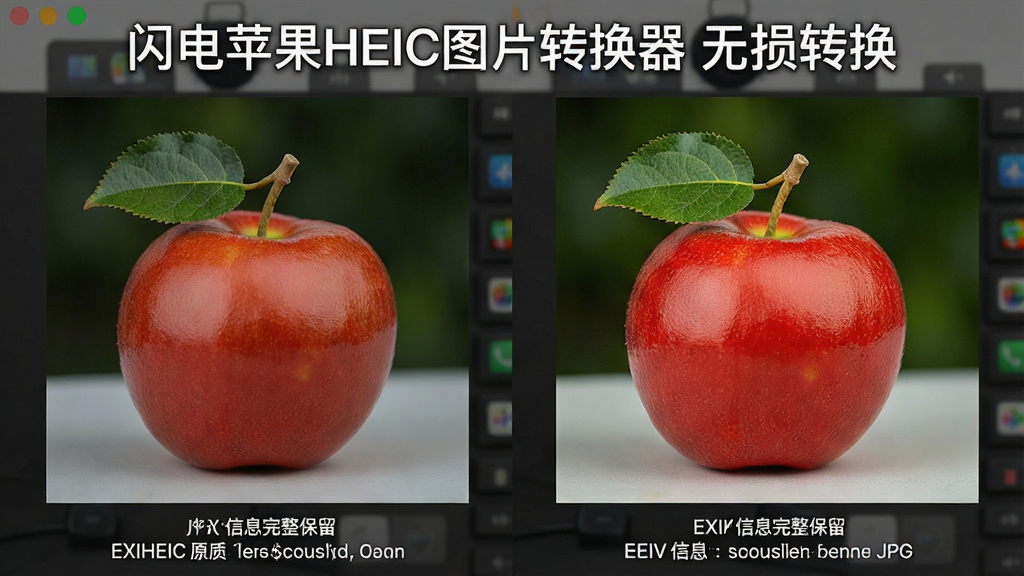 一张展示闪电苹果HEIC图片转换器画质保留功能的图片,主体为两张并排的图片对比展示左侧为HEIC原图右侧为转换后JPG图片,布局为左右对称对比式排版,风格为专业摄影评测风格,细节包括两张图片色彩饱和度一致、细节纹理清晰可见、上方标注“闪电苹果HEIC图片转换器 无损转换”、下方显示EXIF信息完整保留,画质清晰干净无多余元素