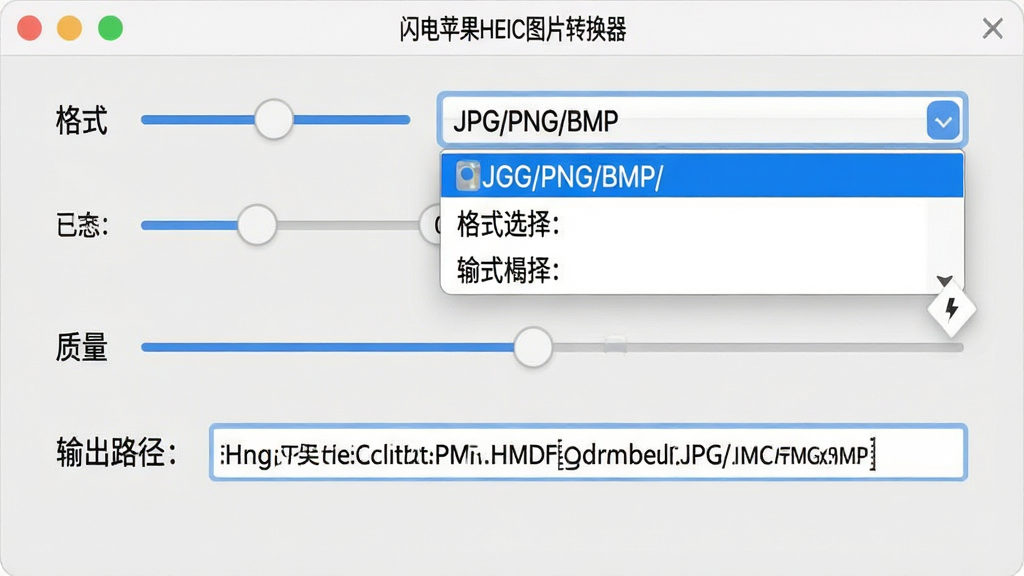一张展示闪电苹果HEIC图片转换器输出参数设置界面的图片,主体为软件设置面板位于画面中央,布局为纵向排列多个选项滑块和下拉菜单,排版清晰明了,风格为简洁工具类软件界面风格,细节包括“闪电苹果HEIC图片转换器”名称显示在面板顶部、格式选择下拉框展开显示JPG/PNG/BMP选项、质量滑块位于中间位置、输出路径输入框显示完整目录,画质清晰干净无多余元素