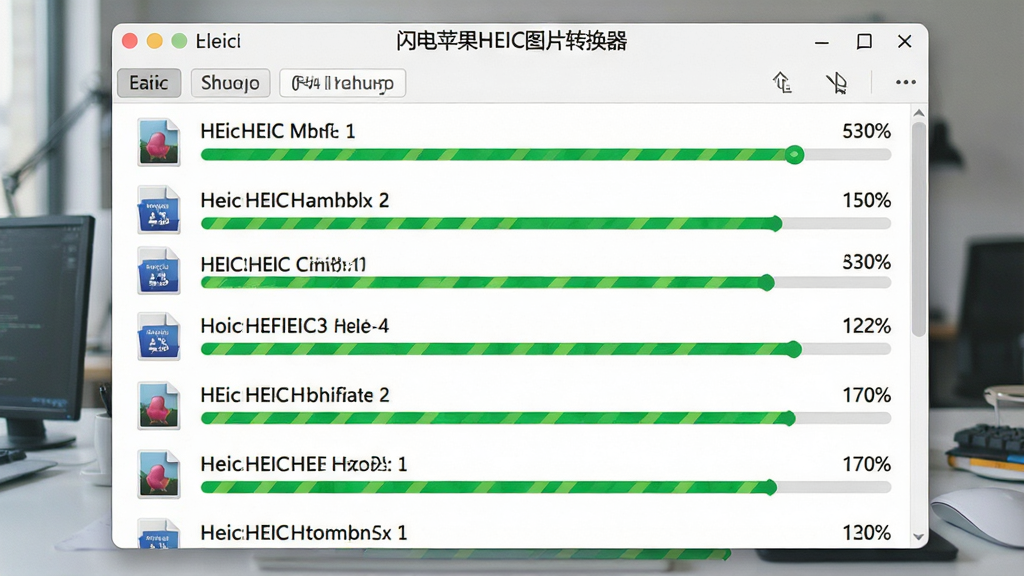 一张展示闪电苹果HEIC图片转换器批量转换功能的图片,主体为软件界面中显示大量HEIC文件正在排队转换,布局为中央文件列表滚动展示多个文件名右侧显示转换进度百分比,排版紧凑有序,风格为高效工作场景风格,细节包括“闪电苹果HEIC图片转换器”字样出现在窗口顶部、绿色进度条持续前进、文件数量标注清晰,画质清晰干净无多余元素