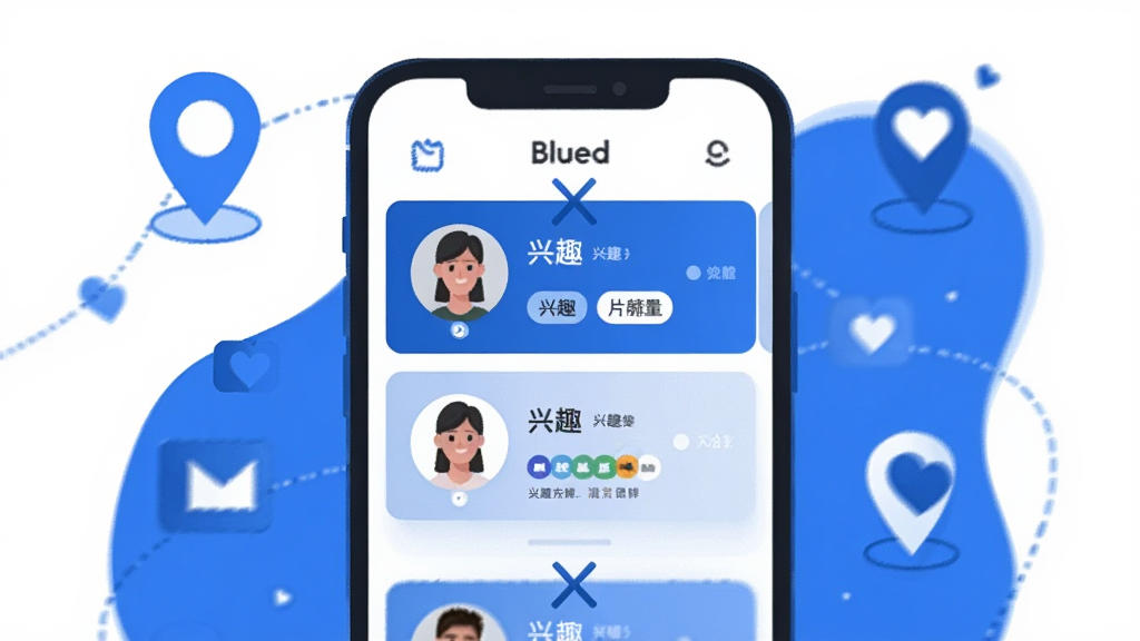一幅Blued X智能匹配功能的插画,画面中央是手机屏幕显示用户卡片列表,卡片上有头像和兴趣标签,周围环绕着定位图标和爱心符号,布局简洁,蓝白主色调,风格扁平化插画,细节清晰,画质干净,无多余元素