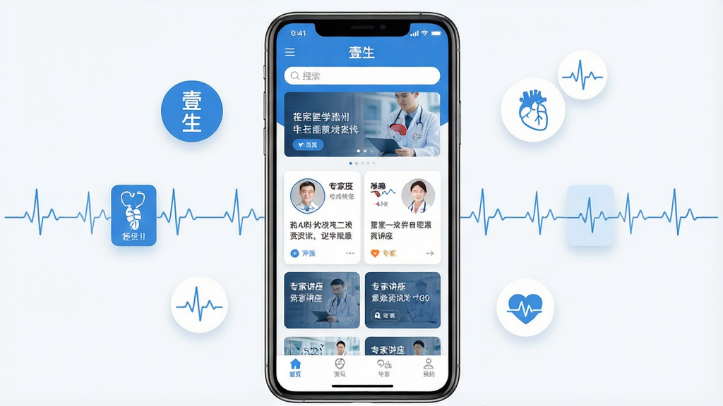 一张展示医学资讯类手机应用界面的图片,主体是一部竖屏智能手机,屏幕中显示“壹生”App首页,页面顶部有搜索栏和轮播图,中部排列着医学资讯卡片与专家讲座入口,底部为导航栏。布局采用居中手机展示加左右悬浮医学图标点缀,排版清晰规整,风格为现代简约医疗风,细节包括蓝色主色调、白色卡片、圆形专家头像、心电波形装饰线。画质高清,干净,无多余元素