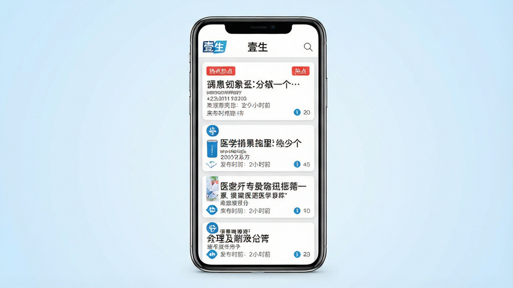 一幅展示医学新闻资讯列表的手机界面图片,主体为一部智能手机,屏幕内呈现“壹生”资讯频道,多条医学新闻以卡片形式纵向排列,每条包含标题、来源与发布时间。布局为手机正面居中展示,背景为浅蓝色渐变,排版整齐有序,风格为专业医疗资讯风,细节包括红色热点标签、灰色分割线、蓝色分类图标。画质清晰,干净,无多余元素