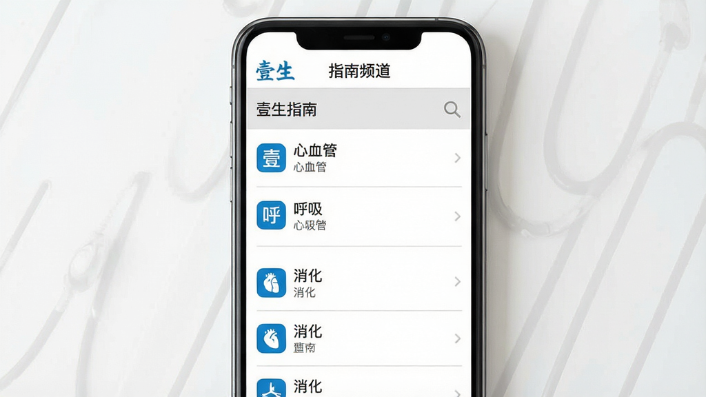 一幅展示医学指南查询界面的图片,主体为一部智能手机,屏幕中显示“壹生”指南频道,页面按心血管、呼吸、消化等科室分类排列,每个分类下有若干指南条目。布局为手机正面展示,背景为白色与浅灰搭配,排版清晰,风格为医学工具类应用风,细节包括蓝色科室图标、灰色条目分割线、搜索放大镜图标。画质清晰,干净,无多余元素