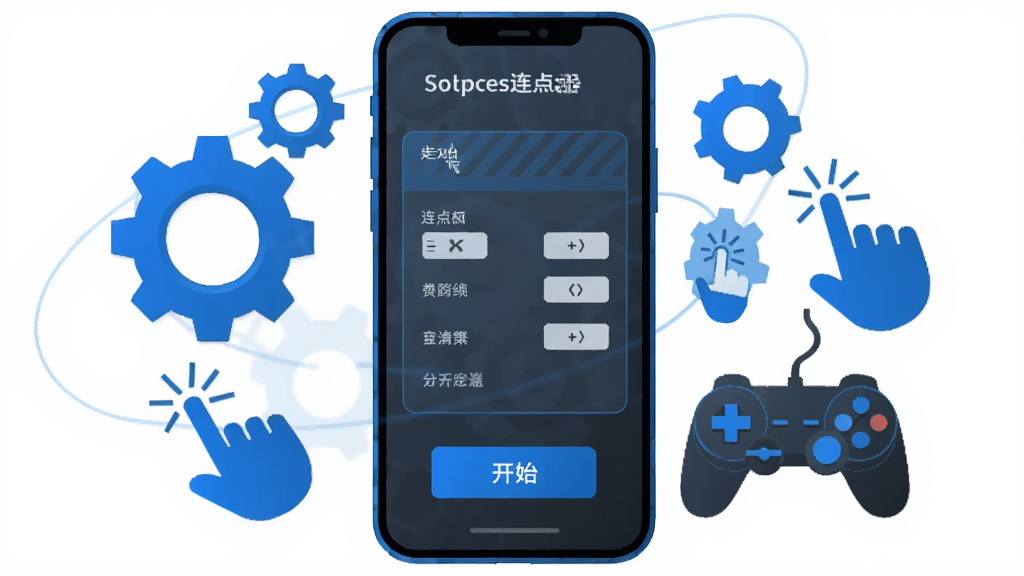 画面中央展示一部智能手机,屏幕上显示游戏脚本辅助连点器的操作界面,界面中有连点参数设置区域和开始按钮,手机周围环绕着齿轮、点击手势图标和游戏手柄元素,整体采用科技蓝与深灰色调,扁平化设计风格,背景干净简洁,画质清晰,无多余元素