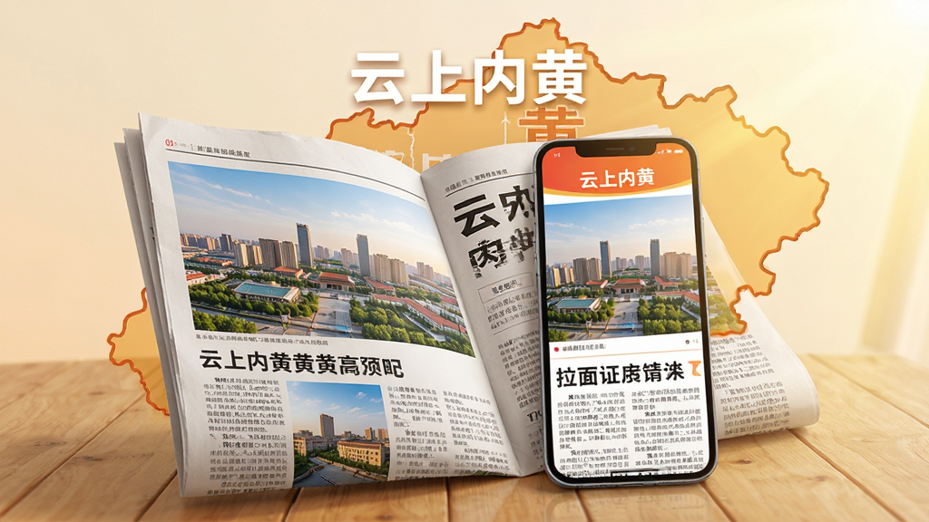 画面主体是一张展开的报纸与手机屏幕融合的场景,报纸上印有城市风光照片和新闻标题,手机屏幕同步显示相同内容,背景是内黄县地图轮廓,整体采用写实风格,色调温暖明亮,细节丰富,画质高清,无多余元素,图片中显示文字“云上内黄”