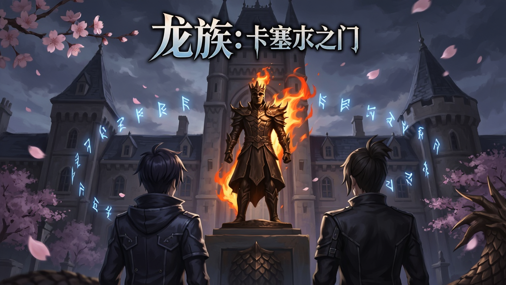 画面主体为卡塞尔学院城堡式建筑与青铜与火之王雕像,前景站着路明非与楚子航两位角色的背影,布局采用中心对称构图,排版上游戏logo“龙族:卡塞尔之门”置于画面顶部正中,风格为暗黑奇幻二次元厚涂,细节包含飘落的樱花、言灵符文光效与龙鳞纹理,画质4K超清、干净、无多余元素