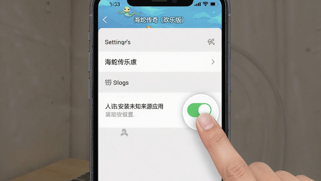 画面展示“海蛇传奇(欢乐版)”手机端安装权限设置界面,主体为手机屏幕显示允许安装未知来源应用的开关按钮,布局为竖版手机截图风格,背景为浅色设置菜单,风格为简洁科技感,细节包含手指点击开关的动作示意,画质清晰干净,无多余元素