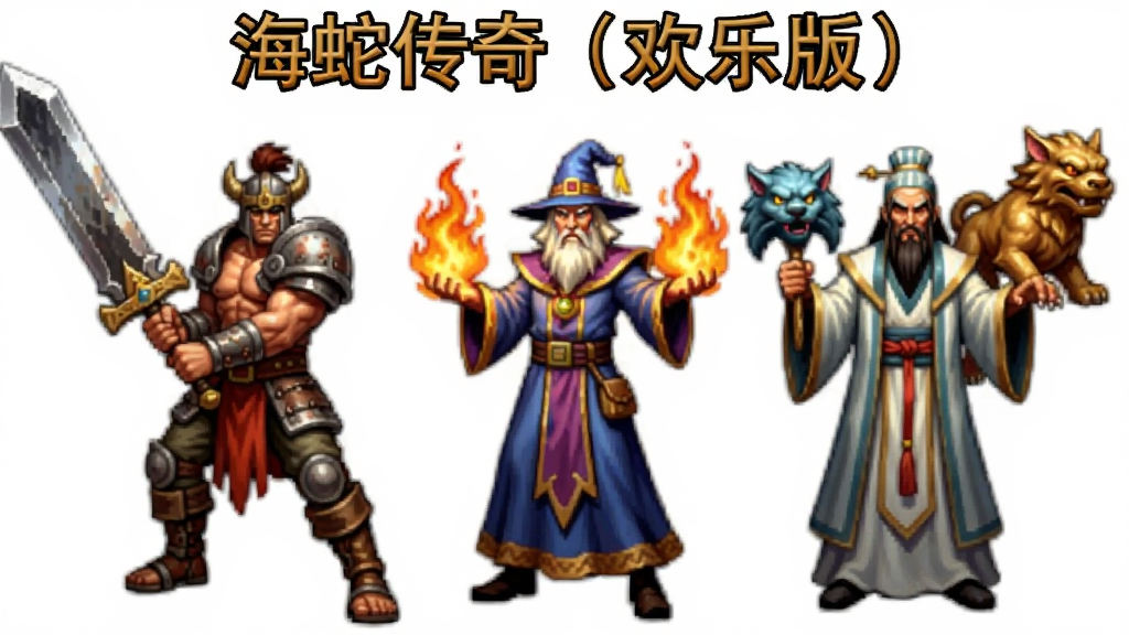 画面中央展示“海蛇传奇(欢乐版)”三大职业角色并排站立,左侧为手持巨剑的战士、中间为凝聚火焰的法师、右侧为召唤神兽的道士,布局采用横向对比排版,风格为复古传奇2D写实,细节突出职业服饰差异与武器光效,画质清晰干净,无多余元素