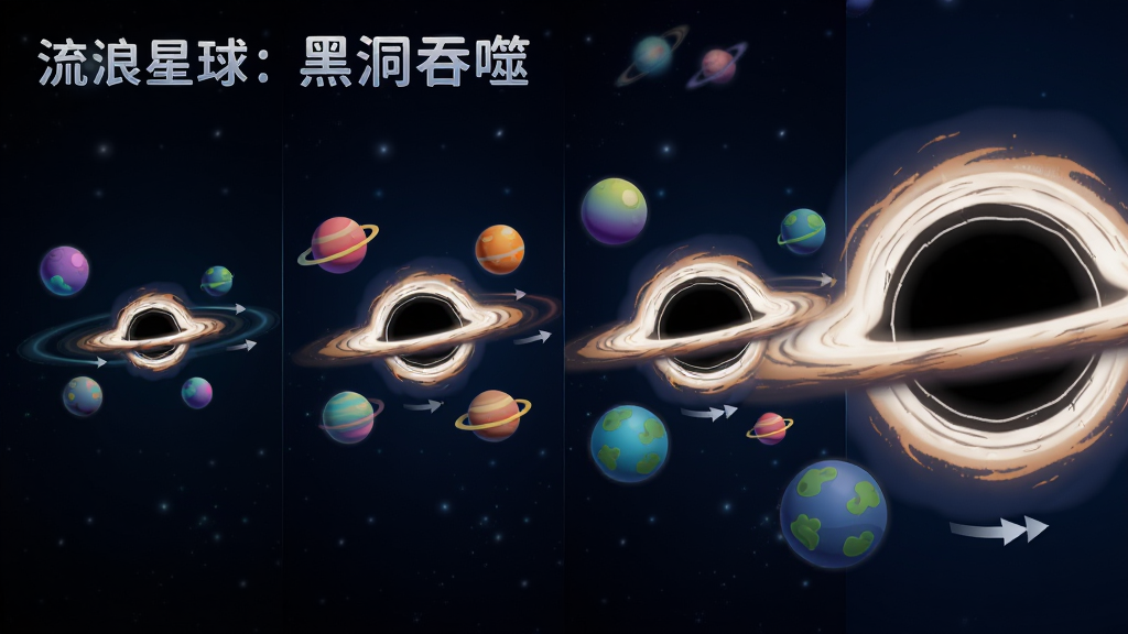 画面展示一个黑色黑洞从微小到巨大的四个进化阶段,从左到右依次排列,每个阶段黑洞周围环绕不同大小的星球,背景为深蓝色宇宙,布局为横向四格对比展示,风格为卡通科幻,细节包括黑洞发光边缘、星球颜色渐变、进化箭头标识,画质高清,干净,无多余元素,图片中文字为“流浪星球:黑洞吞噬”