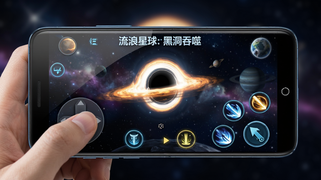 画面展示一部安卓手机屏幕,屏幕上显示流浪星球黑洞吞噬的游戏界面,有虚拟摇杆和技能按钮,旁边有一只手正在操作,背景为模糊的宇宙星空,布局为手机特写居中,风格为产品展示,细节包括屏幕反光、按钮高亮、游戏画面清晰,画质高清,干净,无多余元素,图片中文字为“流浪星球:黑洞吞噬”